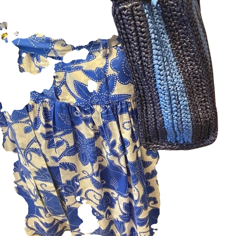 Kate Spade New York Woven Straw Tote Bag Blue Stripe Fringe Beach Summer - Picture 5 of 5